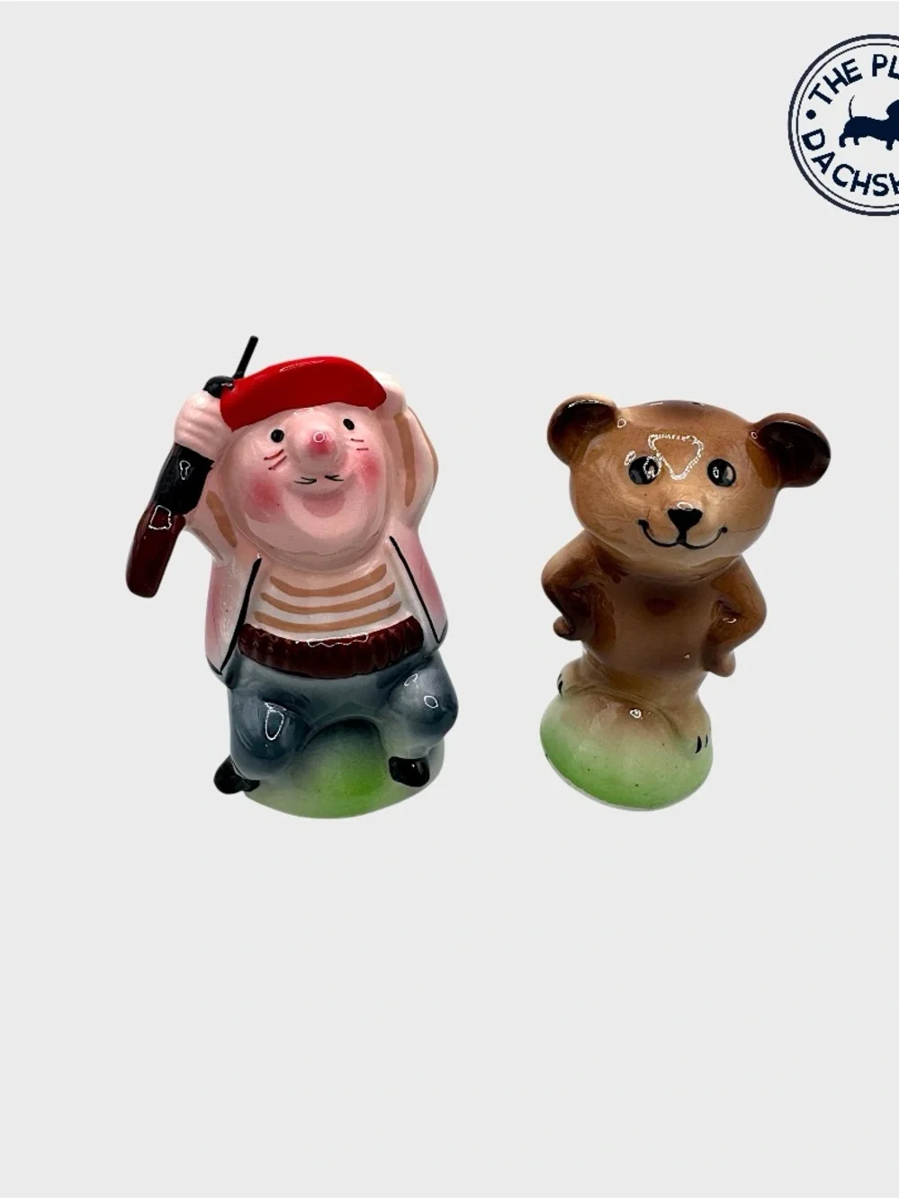 Vintage Enesco Hunter and Bear Shakers